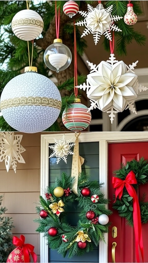 Large DIY Christmas decorations: oversized ornaments, paper snowflakes, and a wreath.